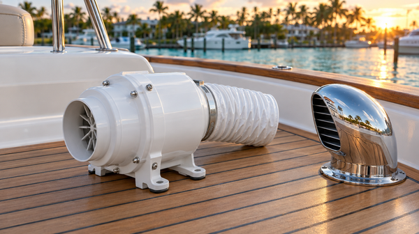 Marine bilge blower with ventilation duct and cowl vent on a boat deck