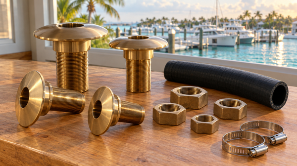 Bronze thru-hull fittings with nuts, hose and clamps on a workbench