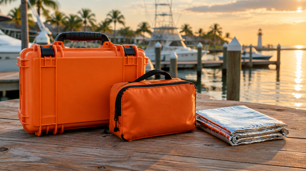 Orange marine first aid kits and emergency blanket on a dock bench