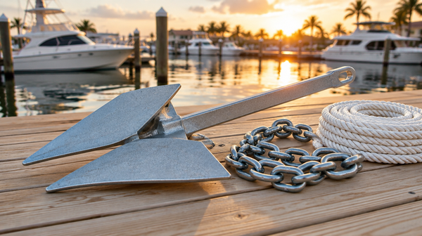 Aluminum fluke anchor with galvanized chain and nylon rope on a dock