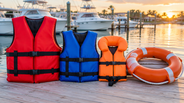 Adult, youth and child life jackets with a ring buoy on a dock