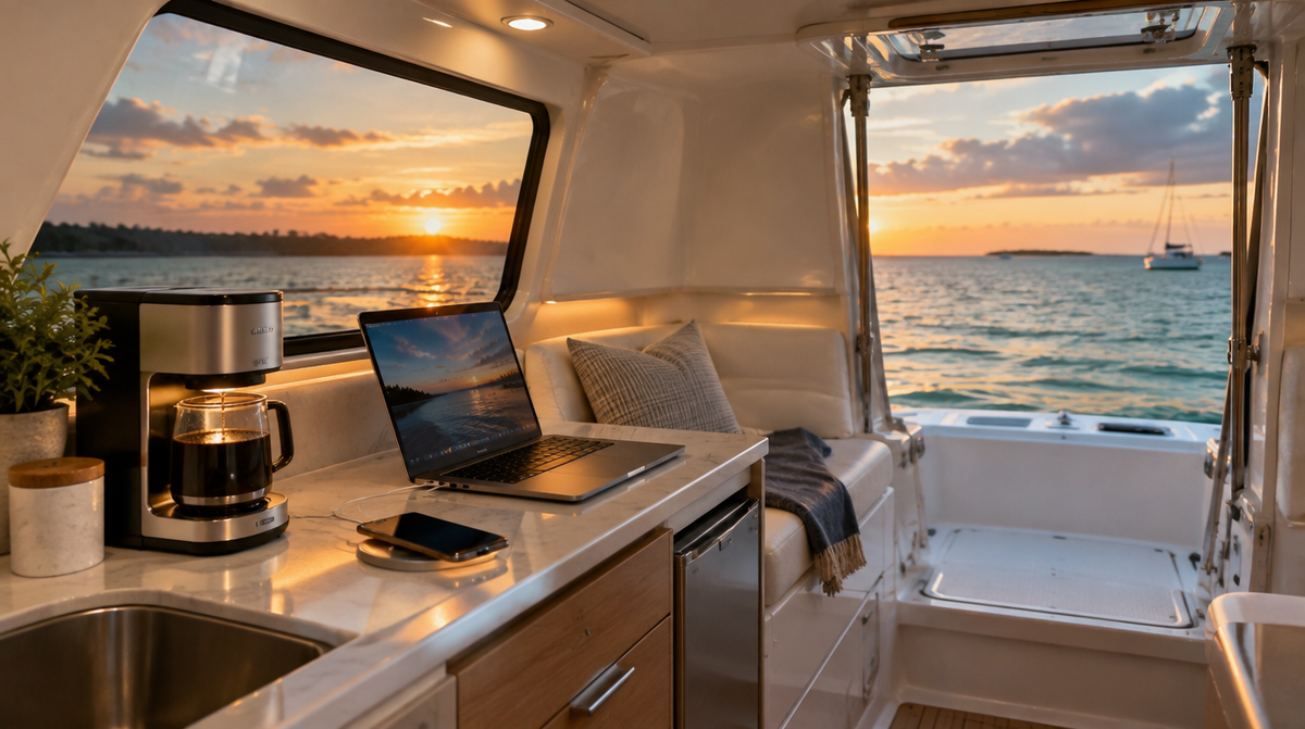Boat cabin galley at anchor with a coffee maker and laptop running on inverter power