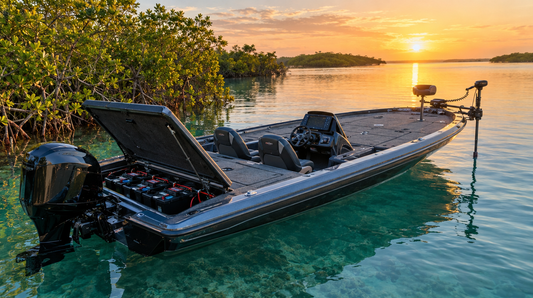 Bass boat at sunrise with trolling motor deployed and deep cycle batteries in the rear hatch
