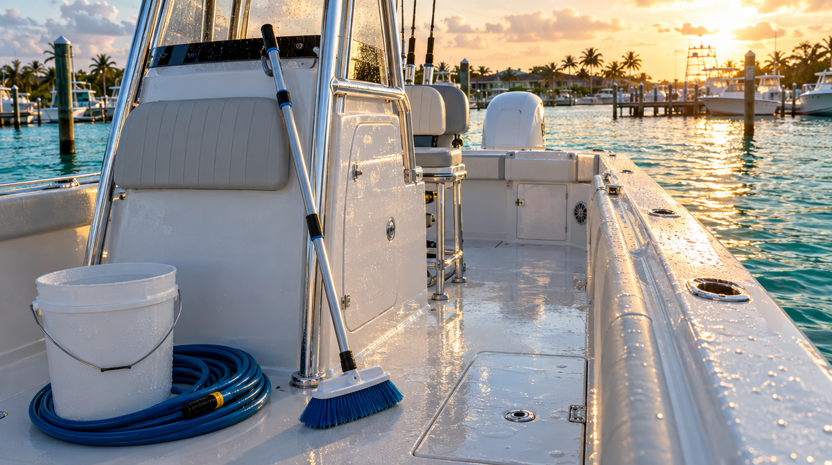 Freshly washed center console deck with a telescoping soft bristle boat brush and bucket
