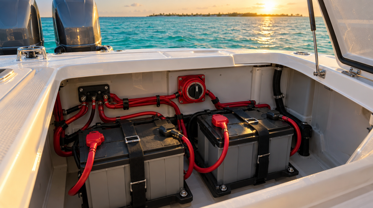 Boat battery compartment with two strapped batteries and a red rotary battery switch