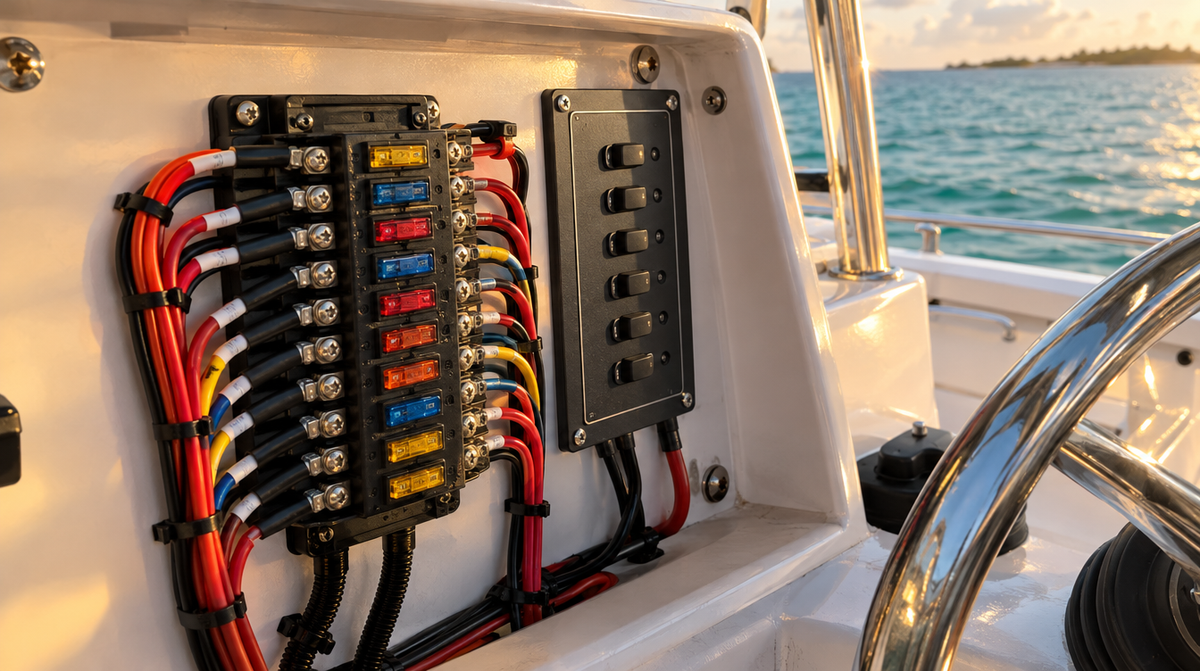 Marine fuse block with blade fuses and a small DC breaker panel behind a boat helm