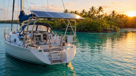 Sailboat at anchor in a turquoise cove with rigid solar panels on a stern arch
