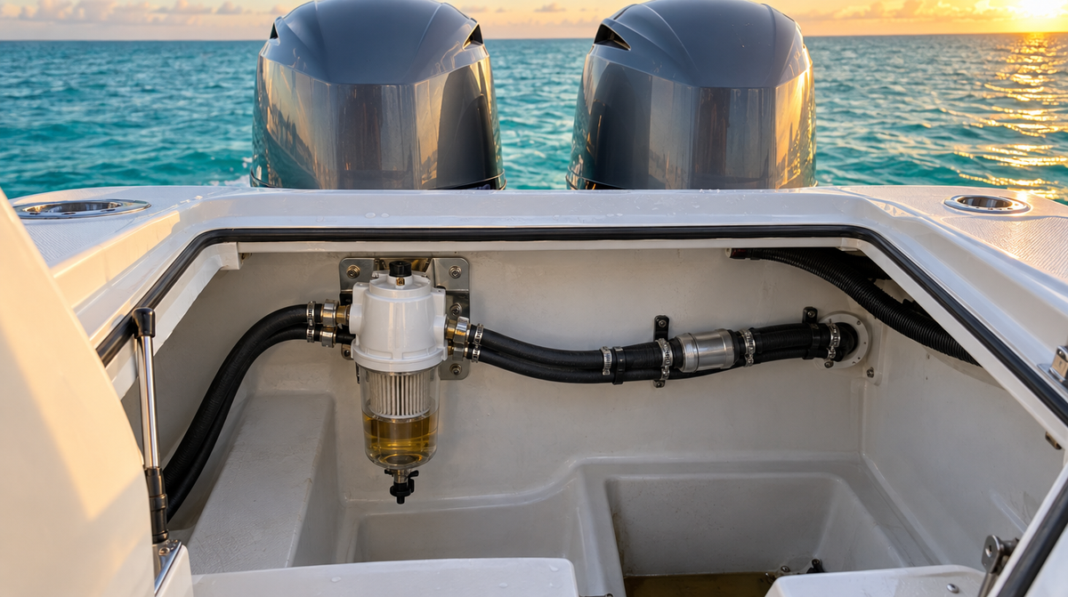 Fuel water separator filter mounted in the stern of a boat with twin outboards