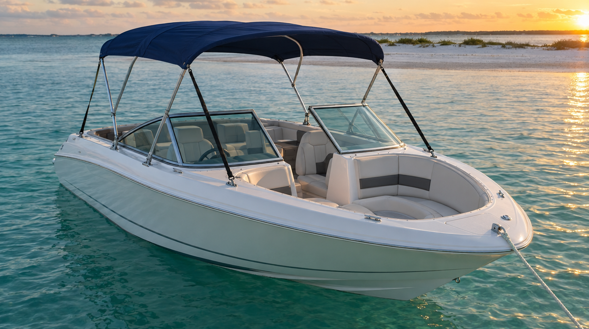 Bowrider at anchor with a navy blue 3-bow bimini top shading the cockpit