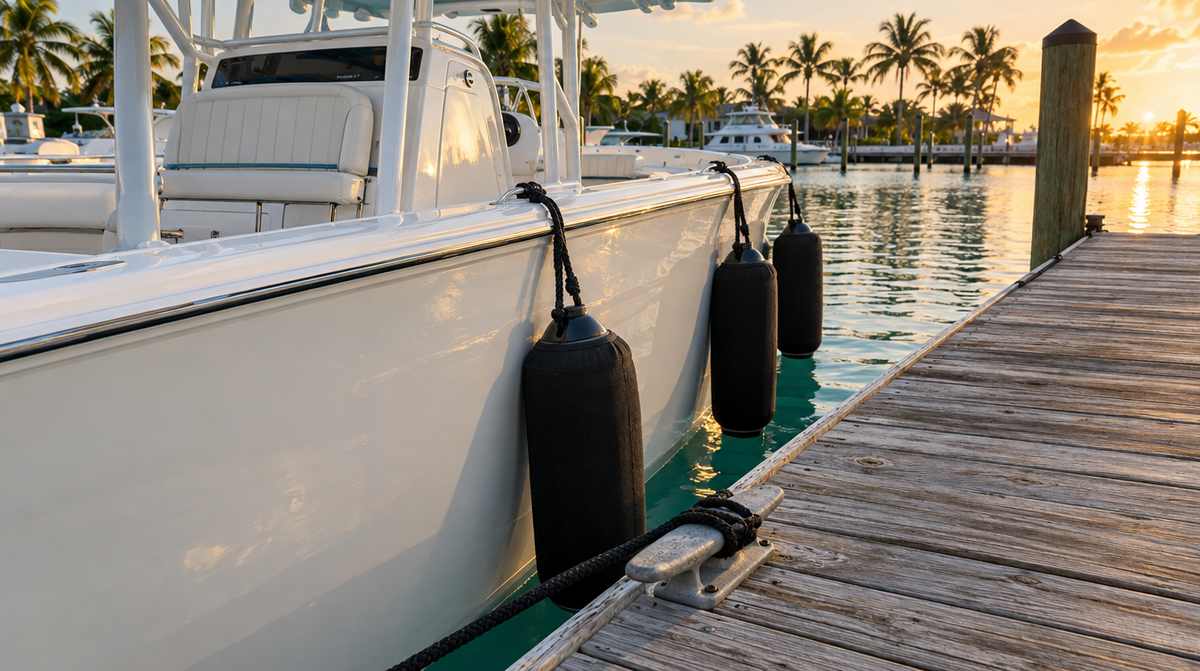 Center console tied to a wooden dock with covered fenders protecting the hull
