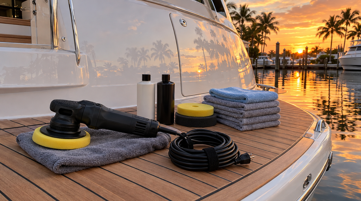 Dual action polisher with coiled cord, foam pads, polish and microfiber towels on a teak swim platform
