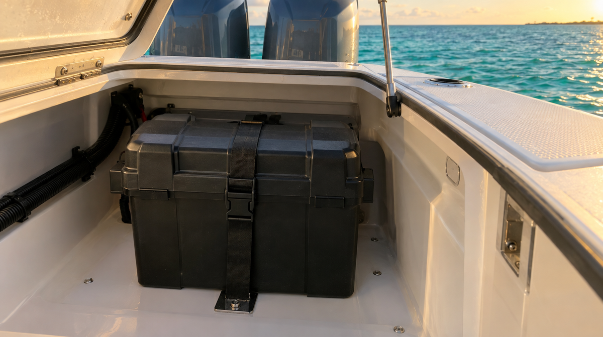 Black marine battery box strapped down inside a boat compartment