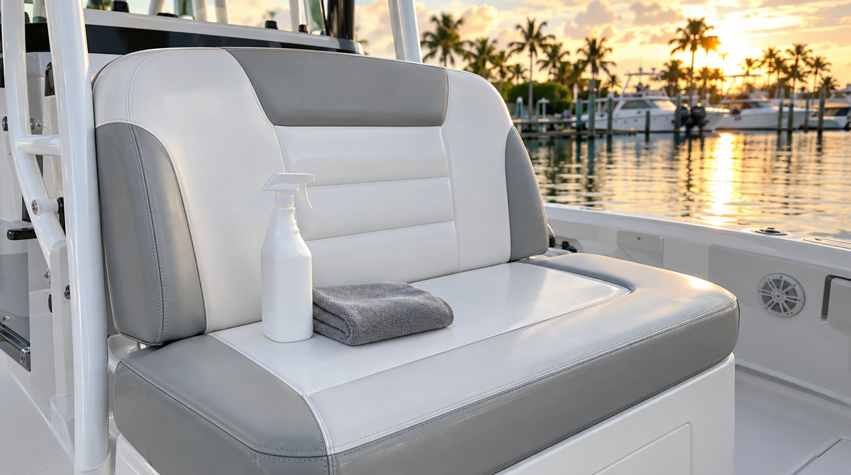 Clean white marine vinyl boat seats with a spray bottle and microfiber towel