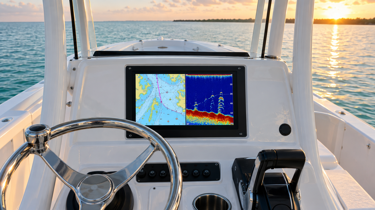 Center console helm with a chartplotter showing a chart and sonar split screen