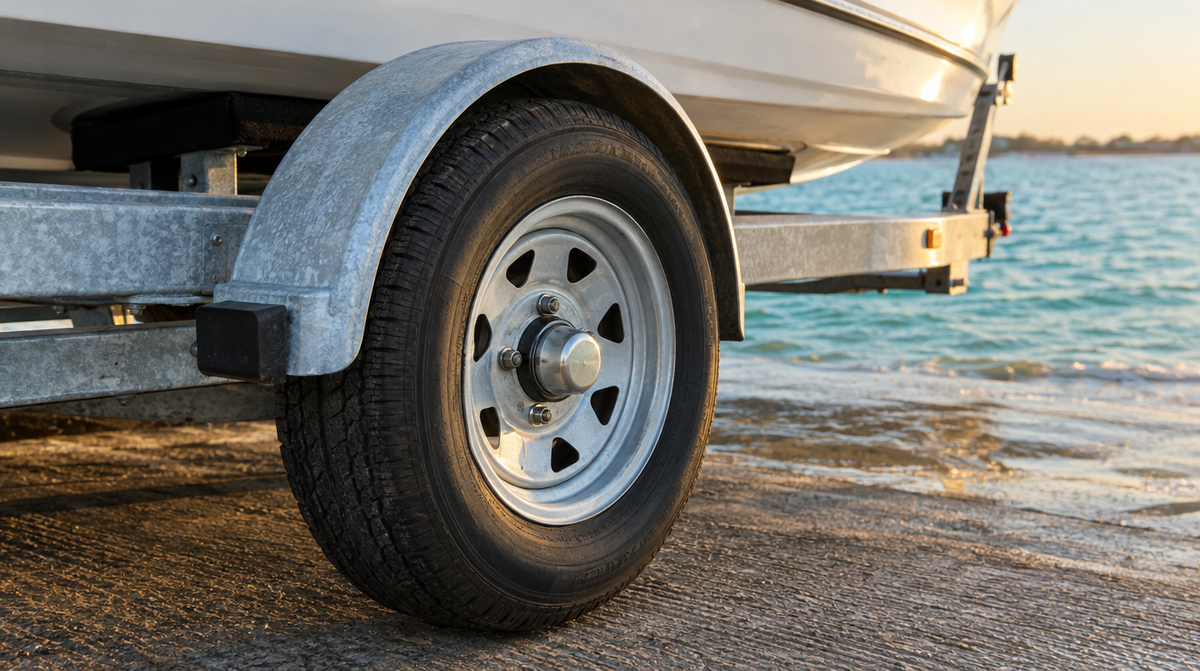 Galvanized boat trailer wheel hub and bearing protector at a boat ramp