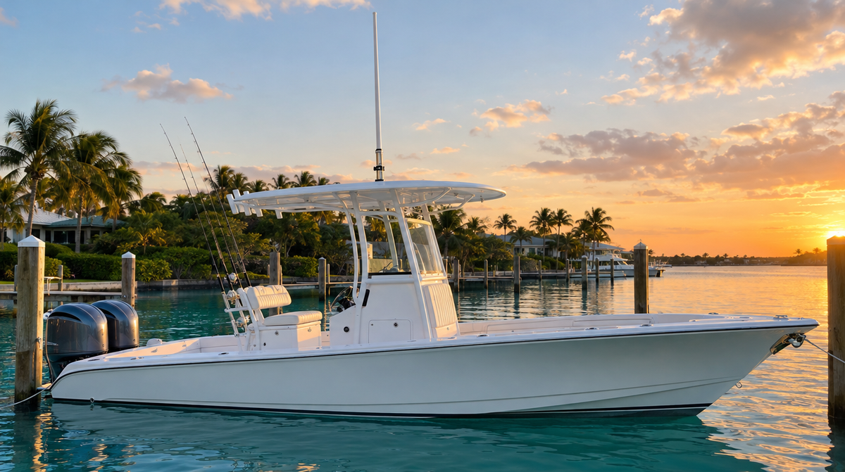 White 8 foot VHF antenna mounted on the T-top of a center console boat