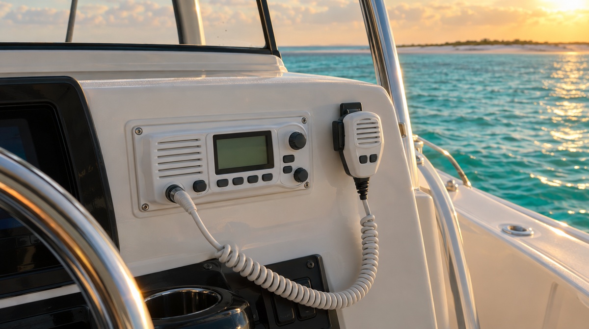 Fixed-mount marine VHF radio and microphone installed in a boat helm
