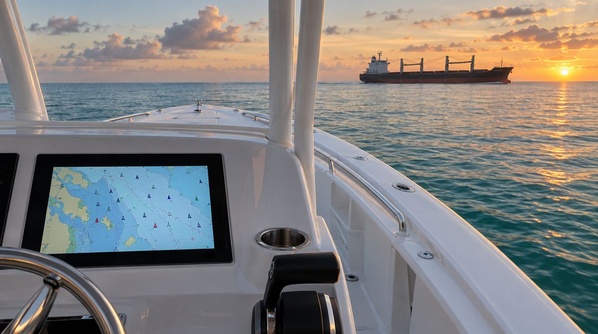 Chartplotter showing AIS vessel targets with a cargo ship on the horizon