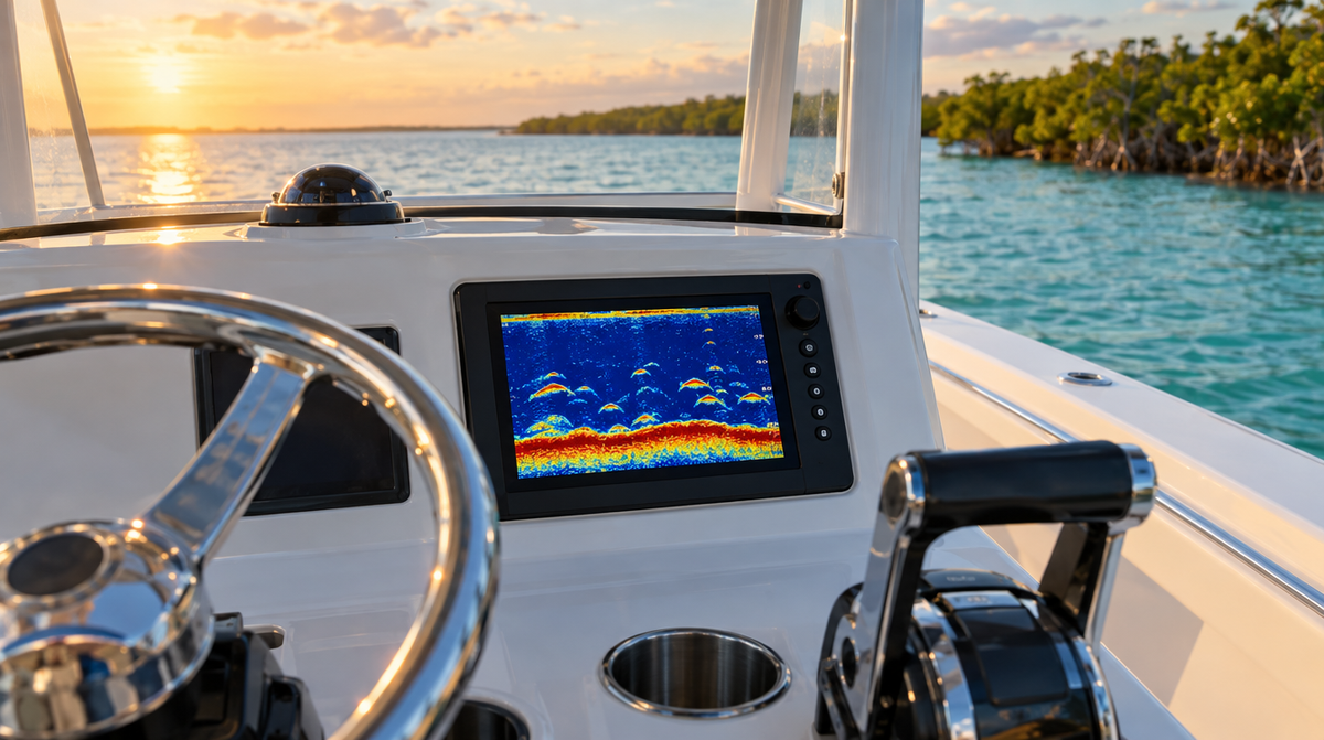 Fishfinder showing sonar returns flush-mounted in a center console helm