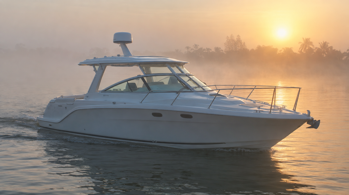 Boat with a radar dome on its hardtop running through morning fog