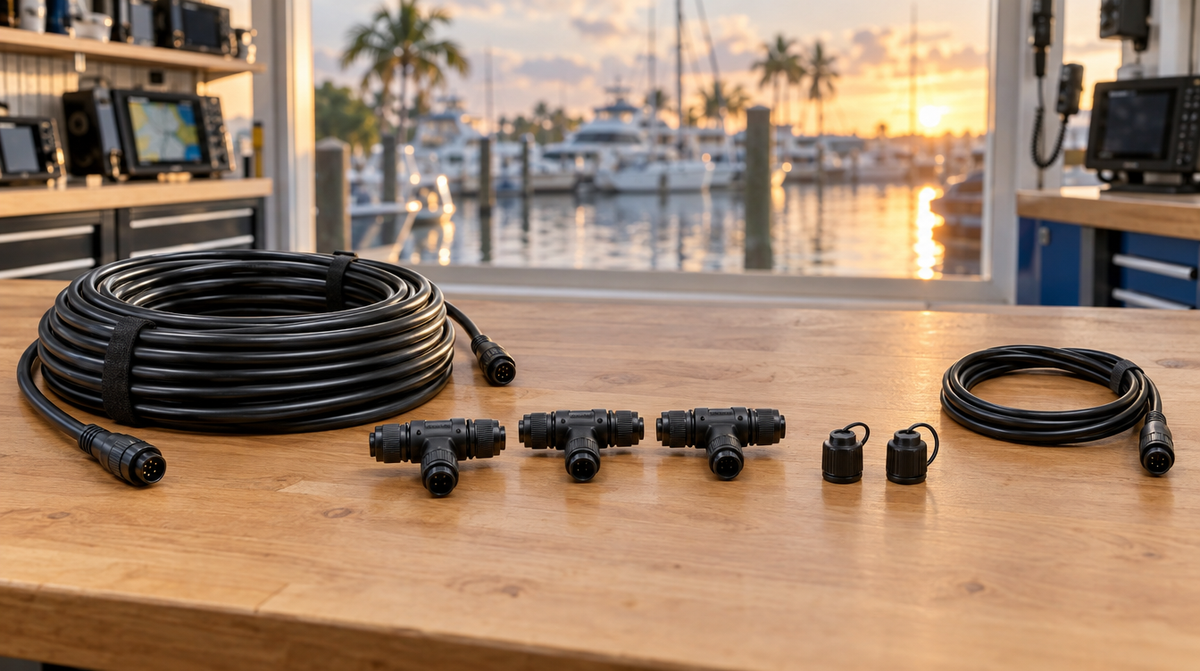 NMEA 2000 backbone cable, T-connectors and terminators laid out on a workbench