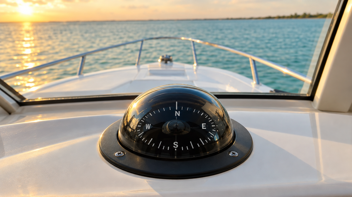 Flush-mounted marine compass in a boat dash at golden hour