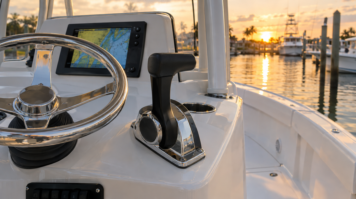 Single lever top mount engine control at a center console helm