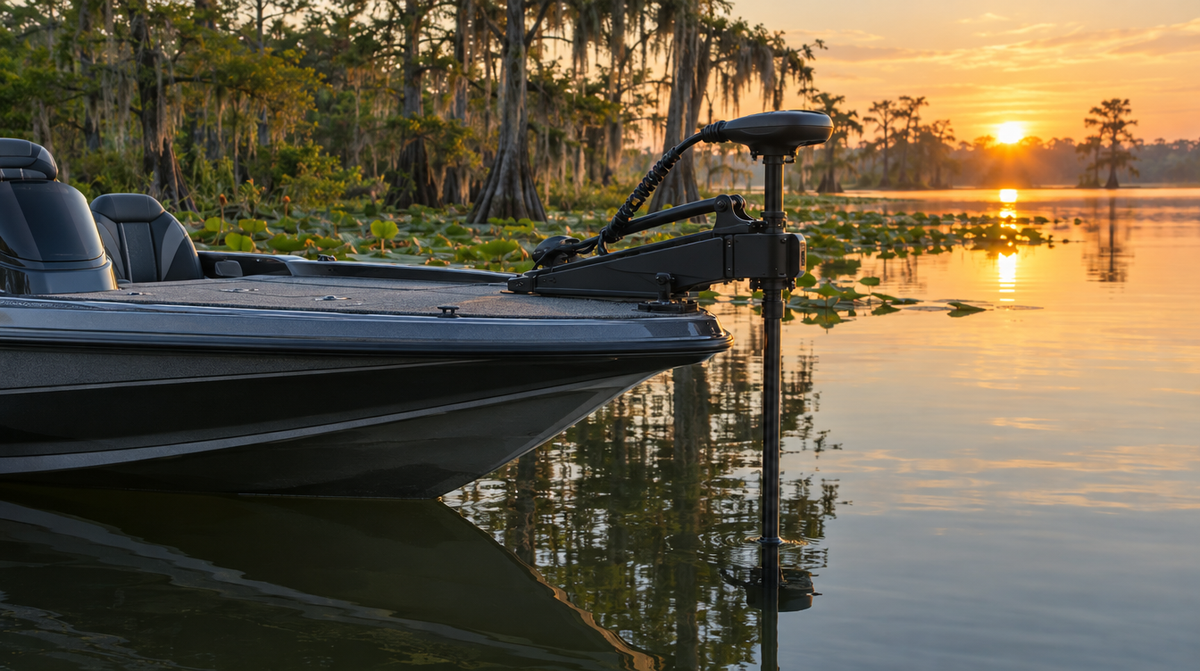 Bass boat on a calm lake at sunrise with a bow-mount trolling motor deployed