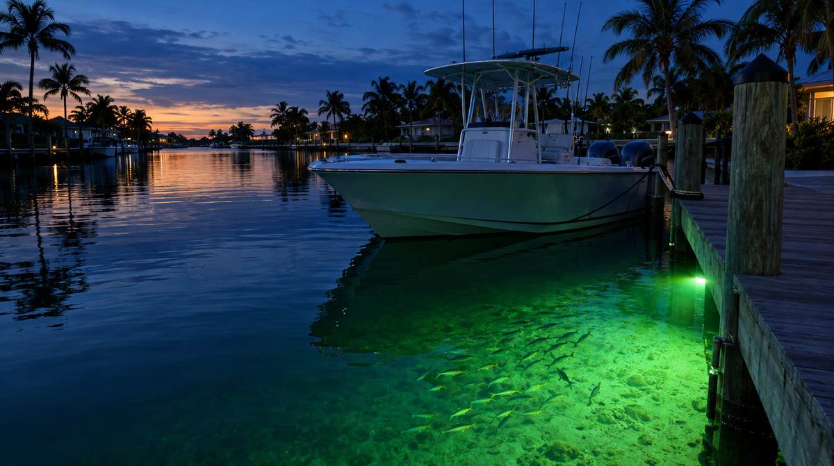 Green underwater dock light glowing beside a dock with baitfish at dusk
