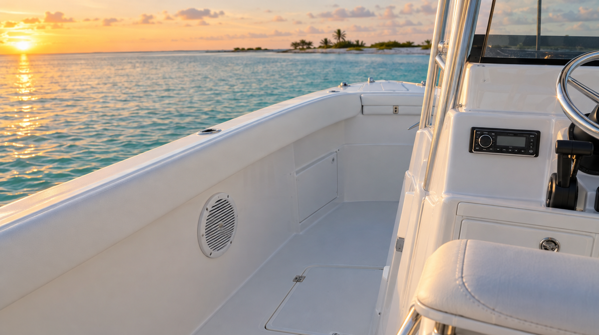 Marine speaker and stereo installed in a center console cockpit at a sandbar