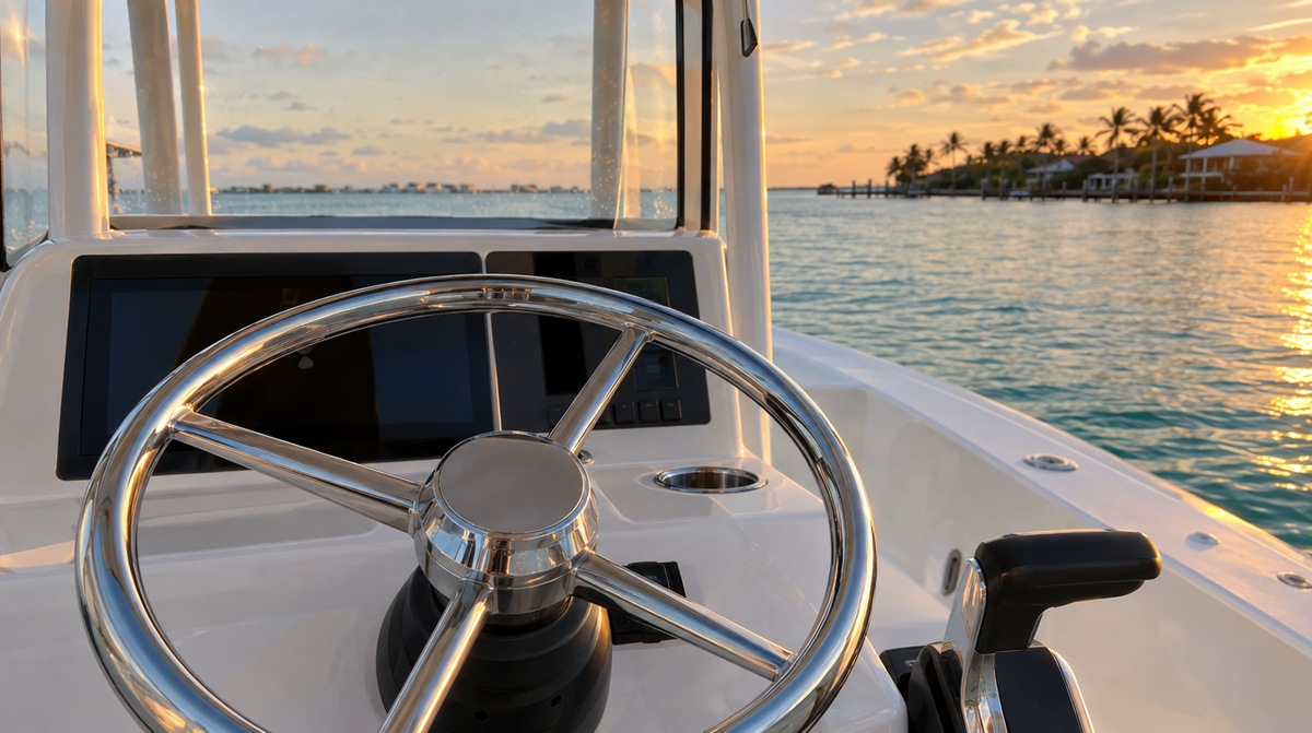 Stainless steel steering wheel at a center console helm overlooking turquoise water