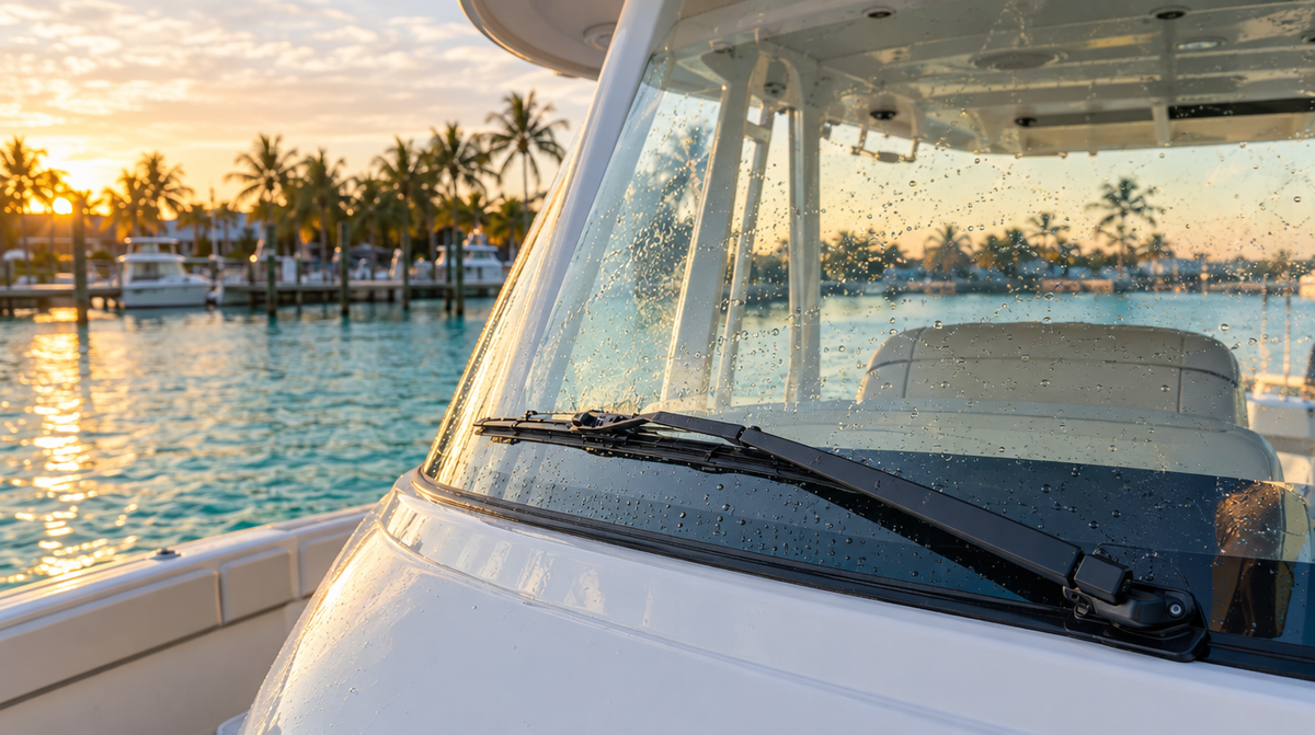 Marine windshield wiper parked on a center console windshield with water droplets