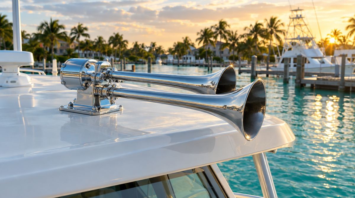 Stainless dual trumpet horn mounted on a boat hardtop at sunset