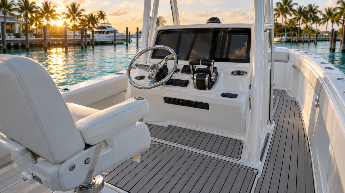 Grey EVA foam traction helm pad on a center console deck