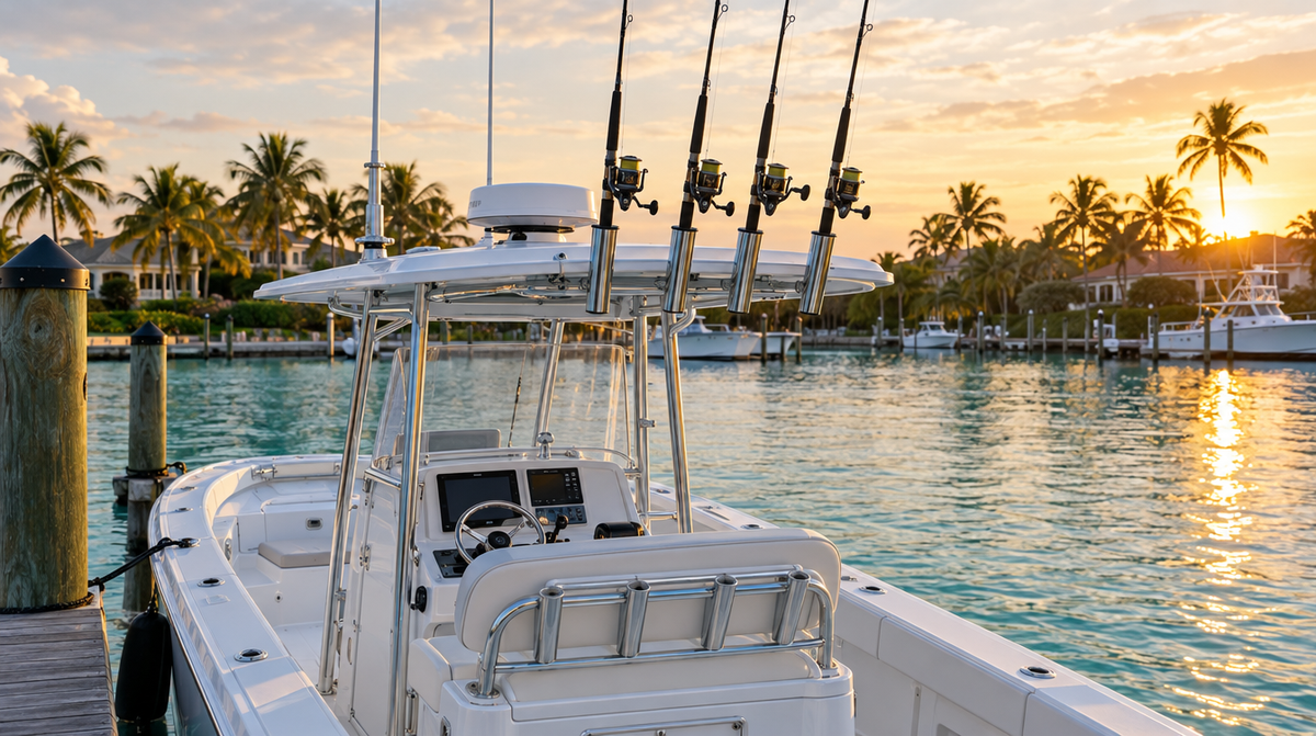 Center console T-top with fishing rods in clamp-on rod holders at a Florida marina