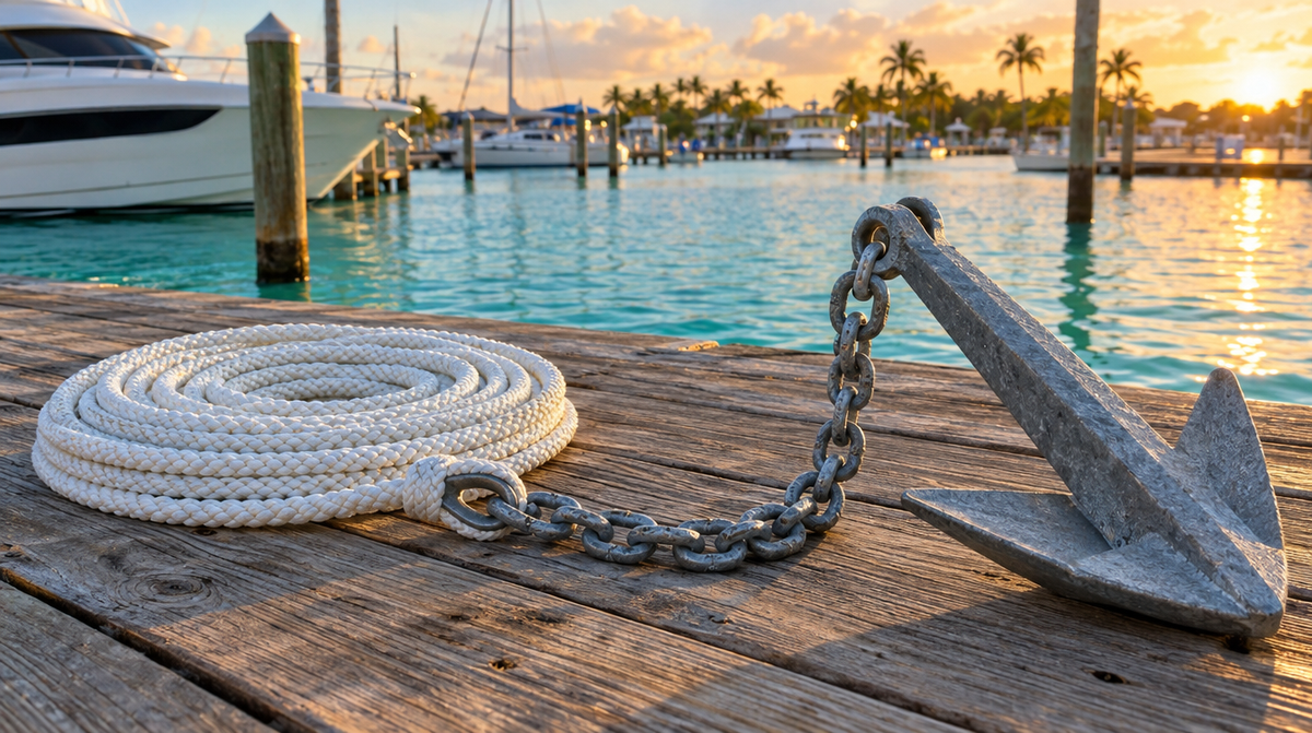 Coiled nylon anchor line with galvanized chain and anchor on a dock