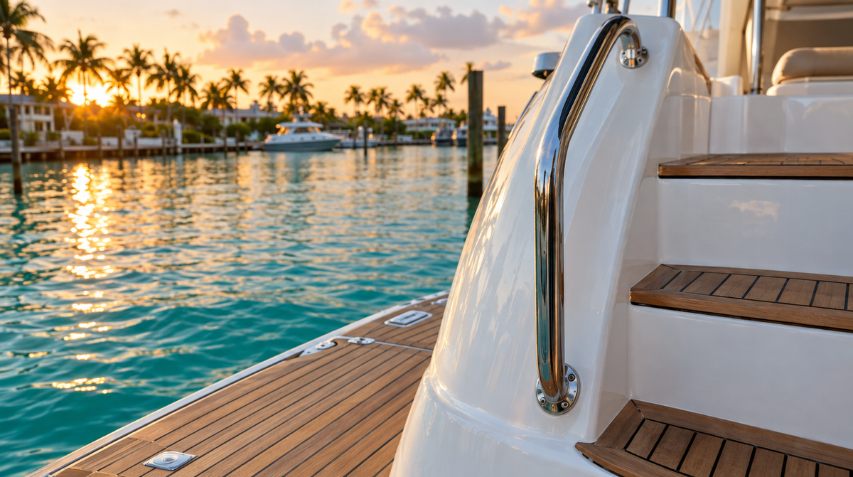 Stainless grab handle beside boarding steps at the stern of a boat