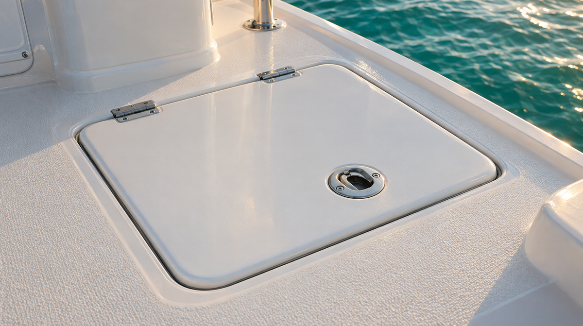 Flush stainless latch on a fiberglass deck hatch