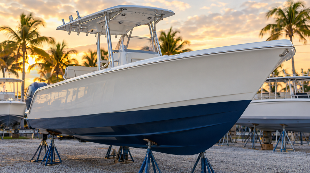 Boat hauled out in a boatyard with fresh blue antifouling bottom paint