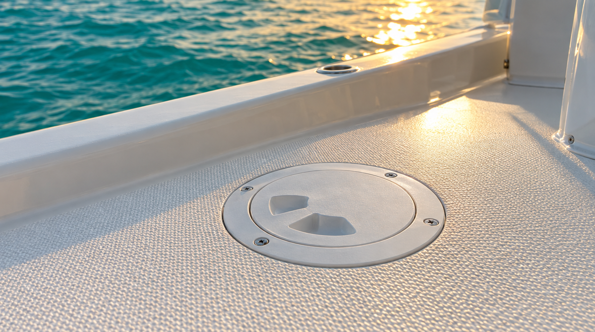 White round deck plate installed in a boat's non-skid deck