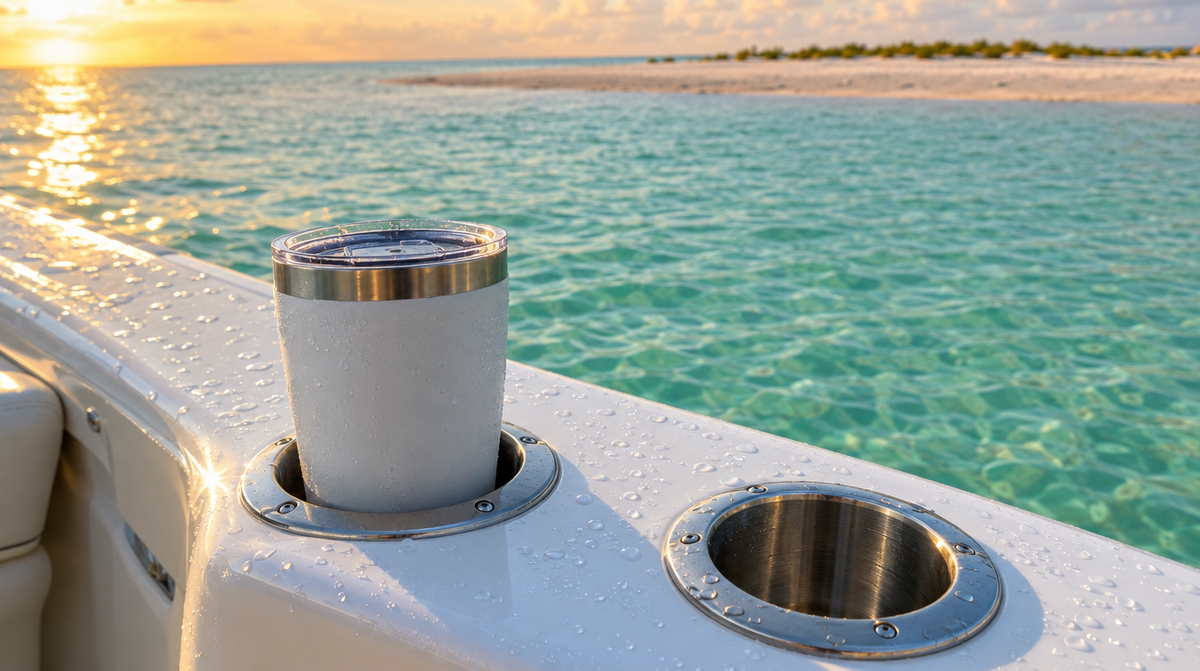 Flush mount stainless cup holders in a boat gunwale at the sandbar