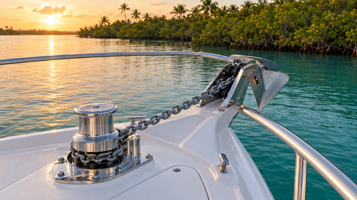Vertical anchor windlass on a boat's bow with chain to the anchor roller