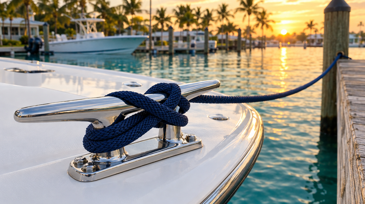 Stainless steel boat cleat with a dock line tied in a figure-eight on a bow deck