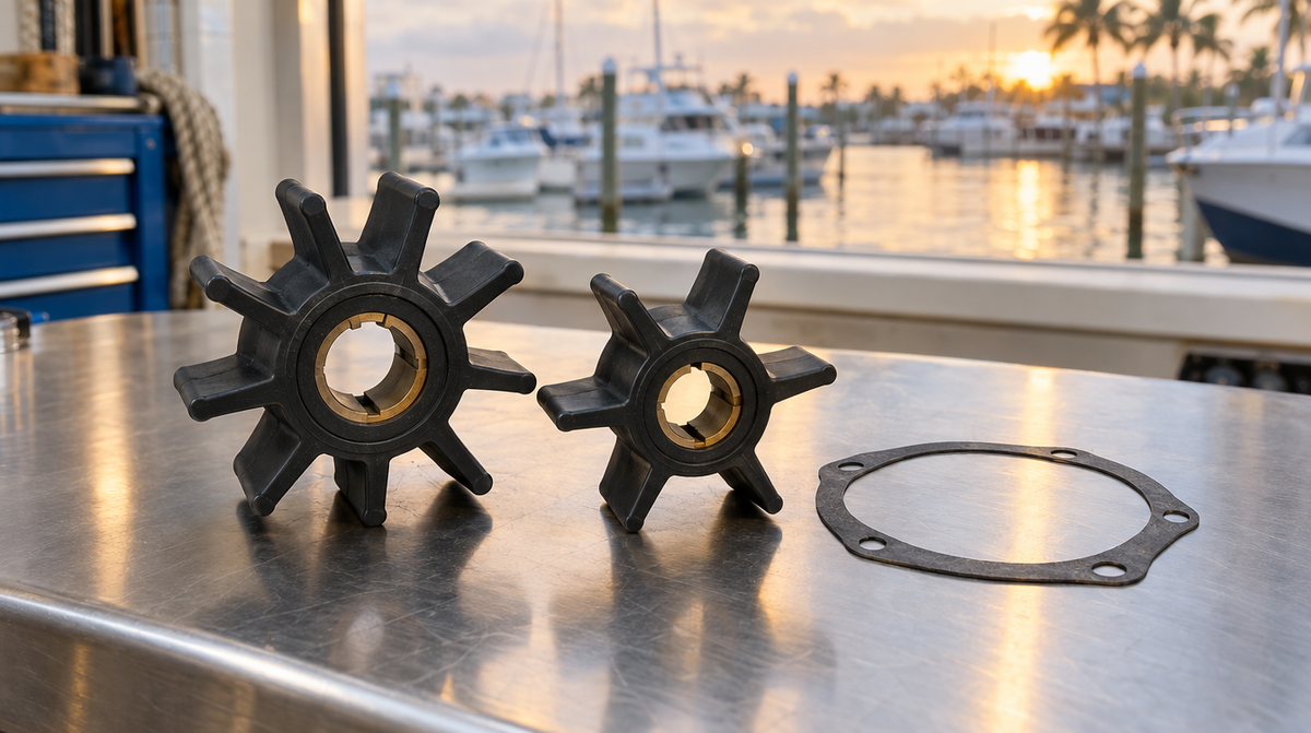 New raw water pump impellers and a gasket on a workbench