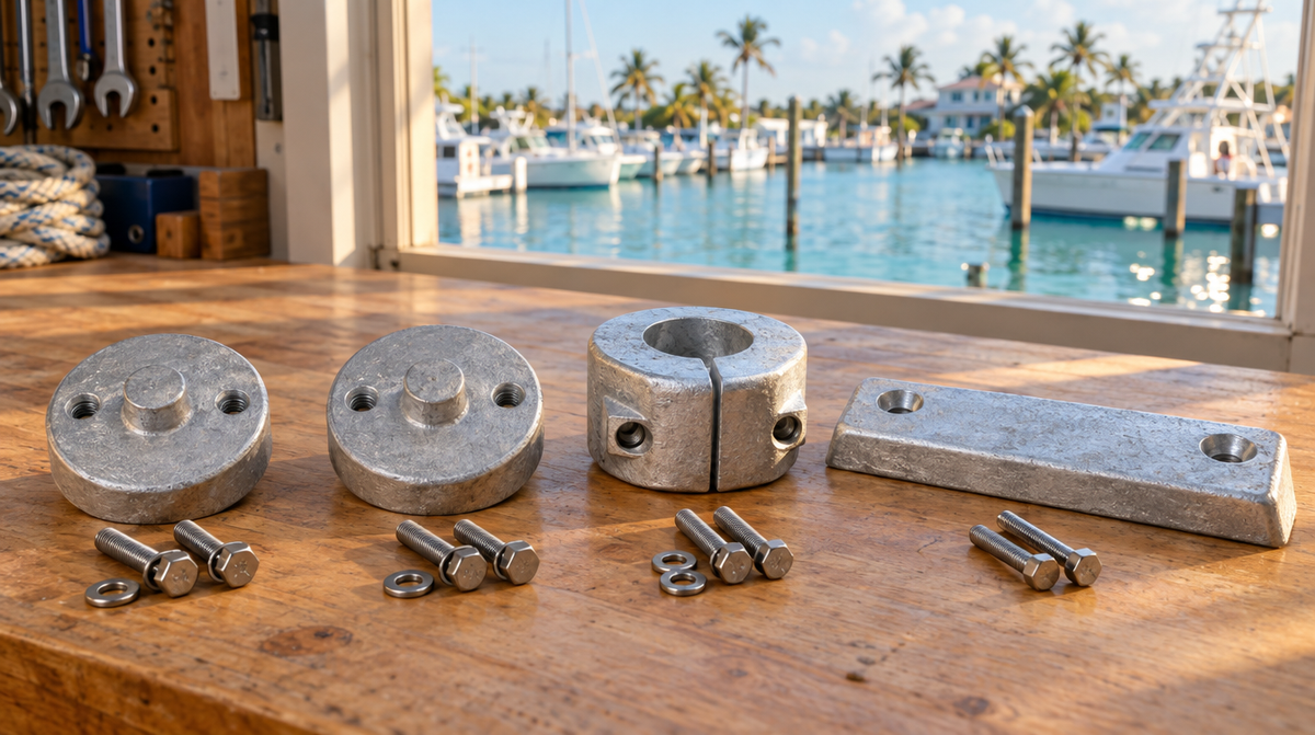 New sacrificial boat anodes laid out on a workbench