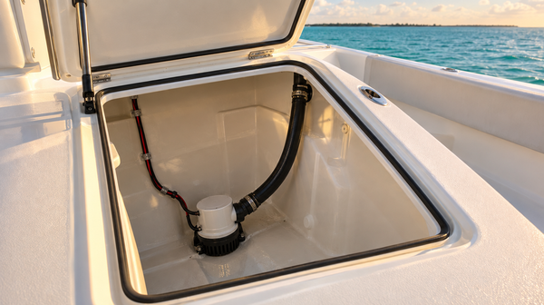 Automatic bilge pump mounted in a clean boat bilge with discharge hose