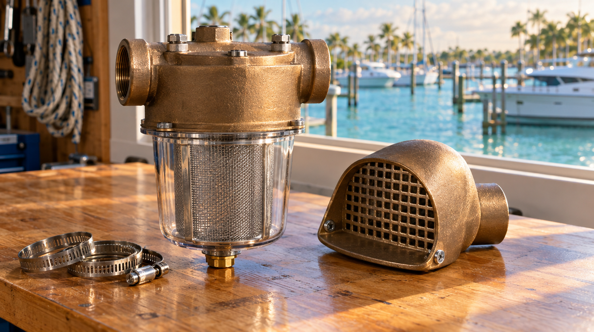 Bronze raw water sea strainer with clear bowl and scoop strainer on a workbench