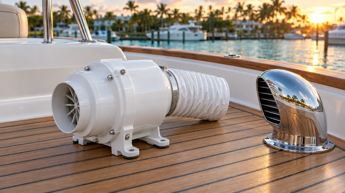 Marine bilge blower with ventilation duct and cowl vent on a boat deck