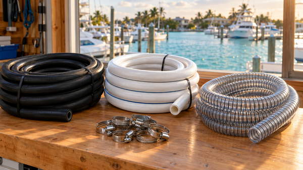 Coils of marine fuel, sanitation and bilge hose with stainless hose clamps