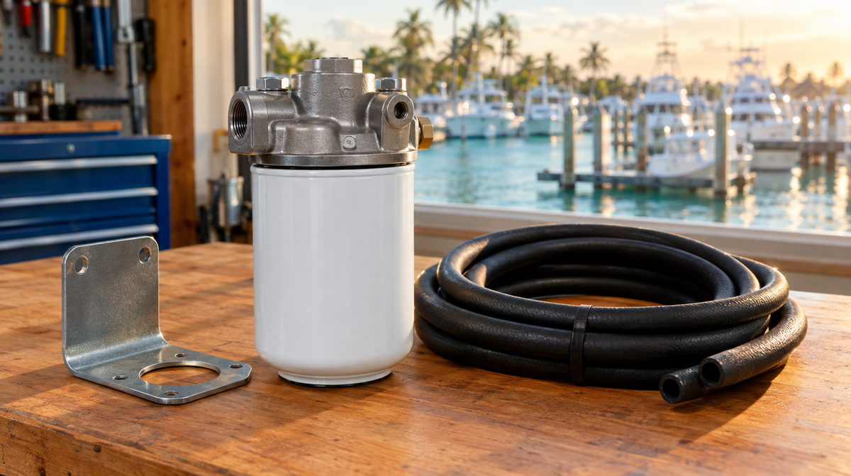 Marine fuel water separating filter with bracket and fuel hose on a workbench